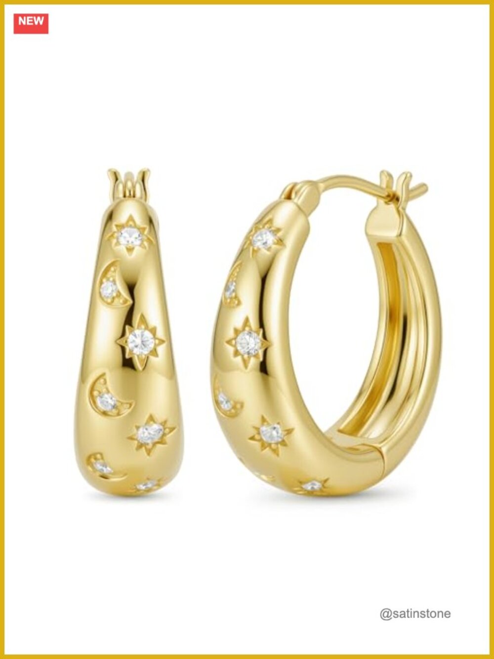 14k Gold Plated Moon Star Huggie Hoop Earrings 20mm Chunky Celestial